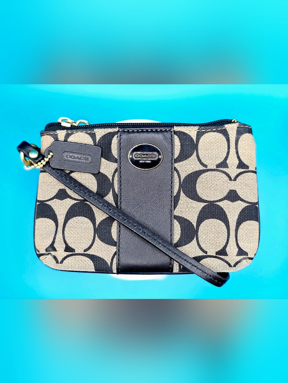 Coach Black & Khaki Signature Canvas Wristlet
